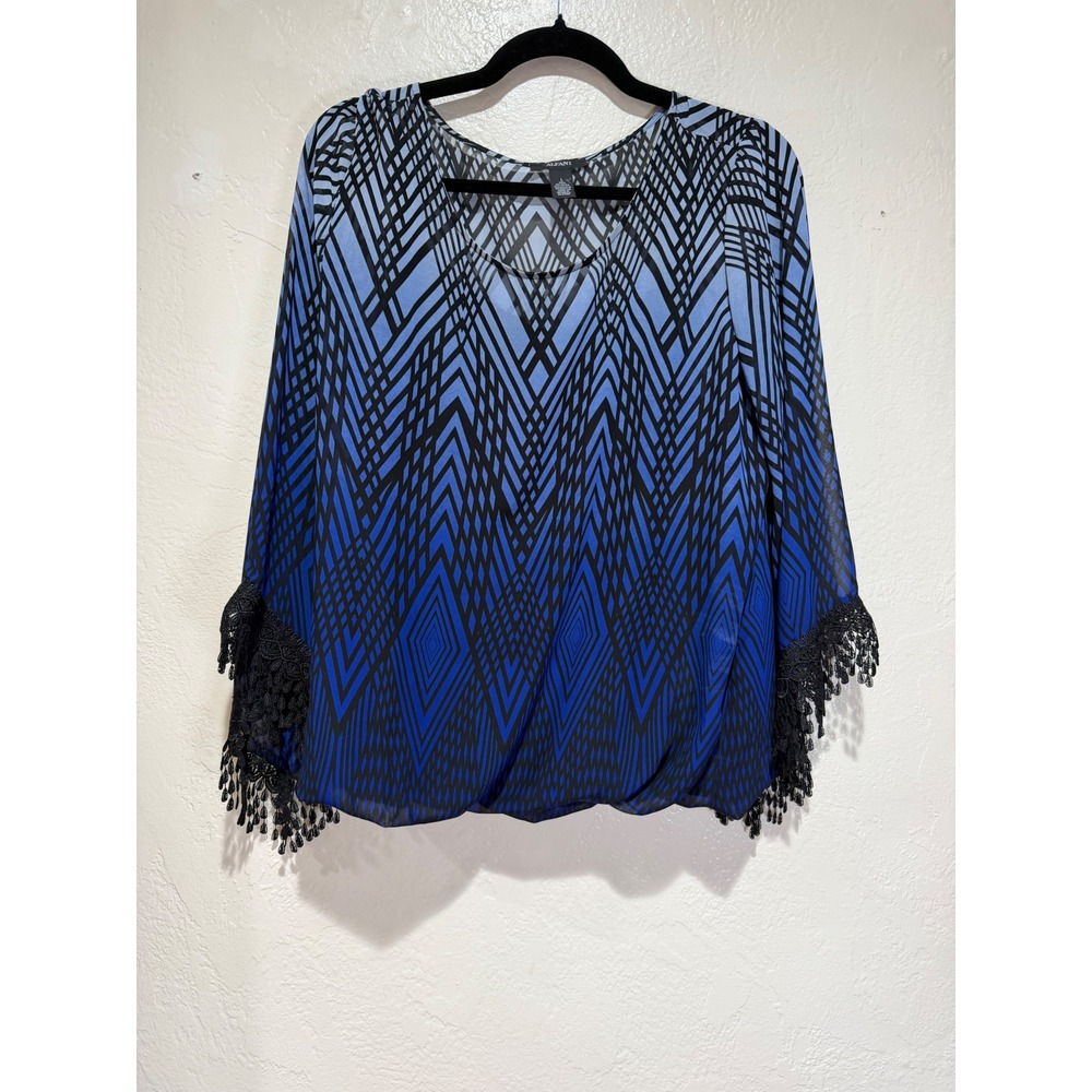 Alfani Womens Blue Black Geometric Ombre Bubble Hem Blouse Lace Tassel Trim L